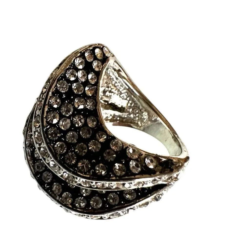 Silver-Tone Rhinestone Wave Statement Ring